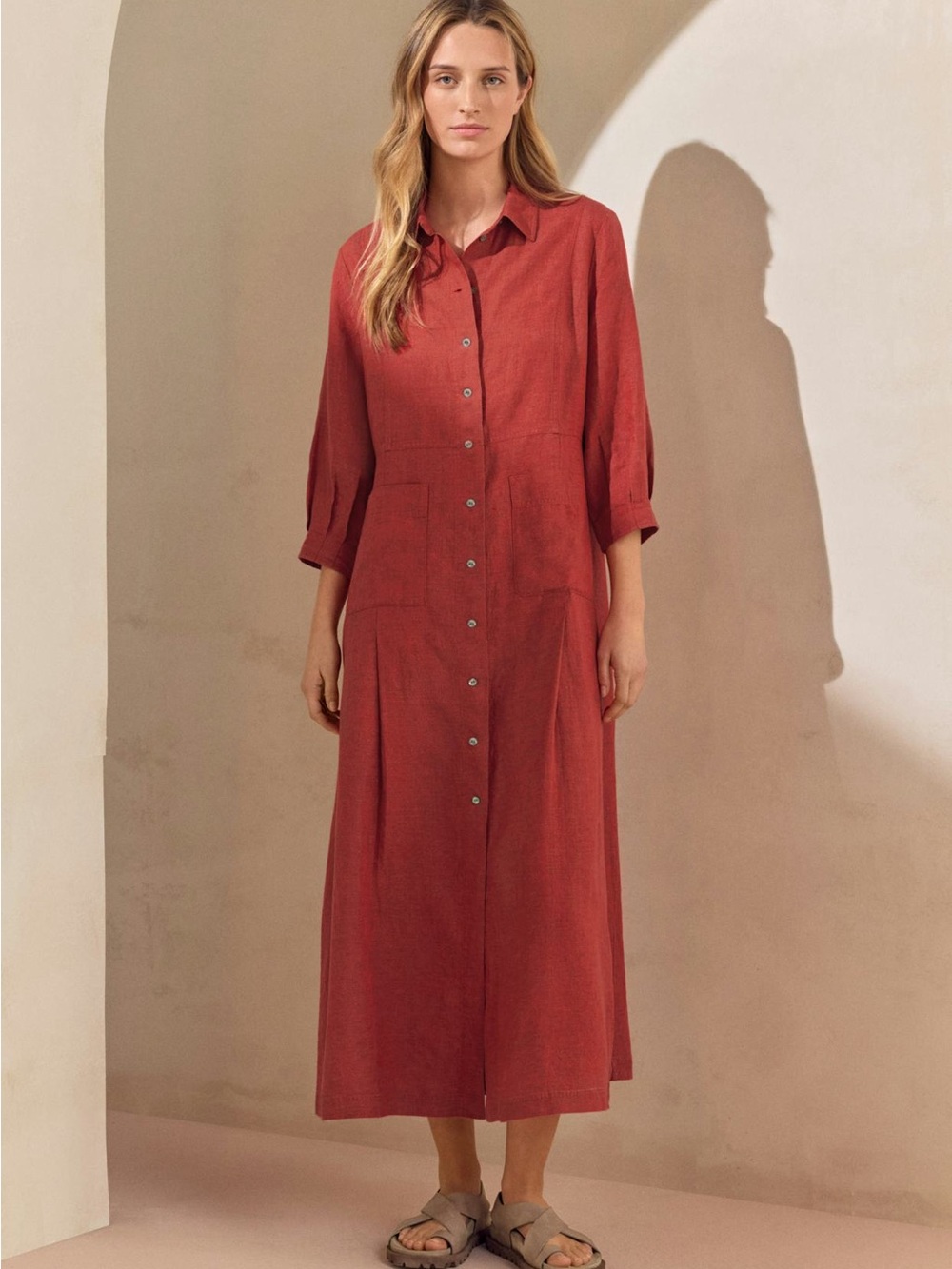 POETRY linen maxi dress with front pockets in flame red